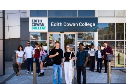 College students standing together in front of the main entrance of Edith Cowan College.
