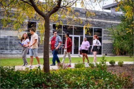Students walking in garden