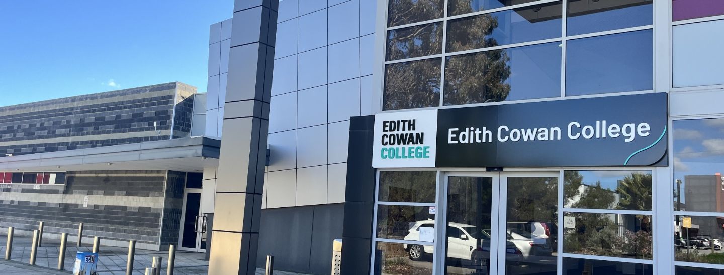 Main entrance and signage of Edith Cowan College.