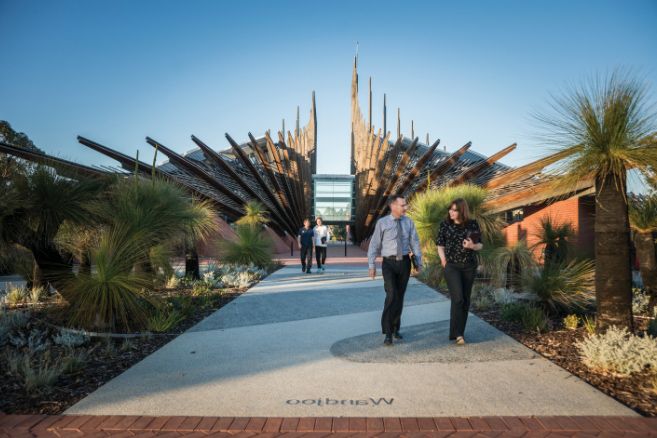 Group walking out of entrance