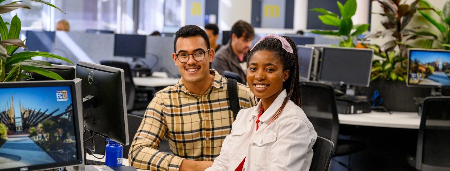 Male and female in computer room