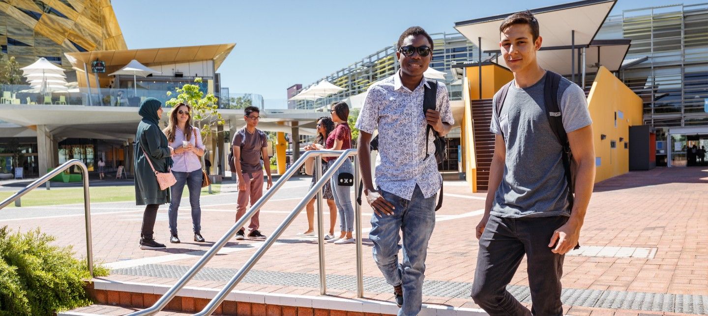 Male students walking down stairs